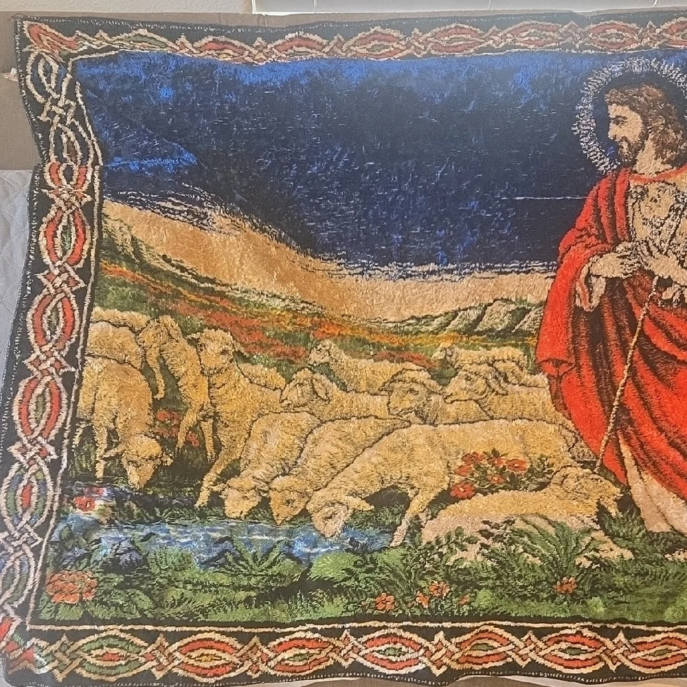 Religious Tapestry Wall Art with Red and Blue Accents